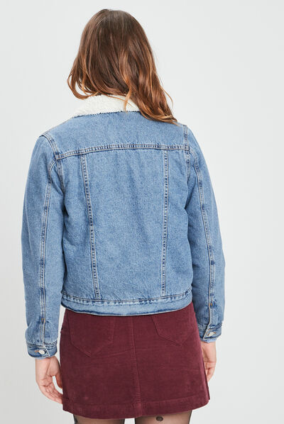 Veste droite en jean col molletonné denim double stone femme