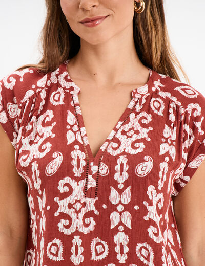 Blouse crépon manches courtes terracotta femme