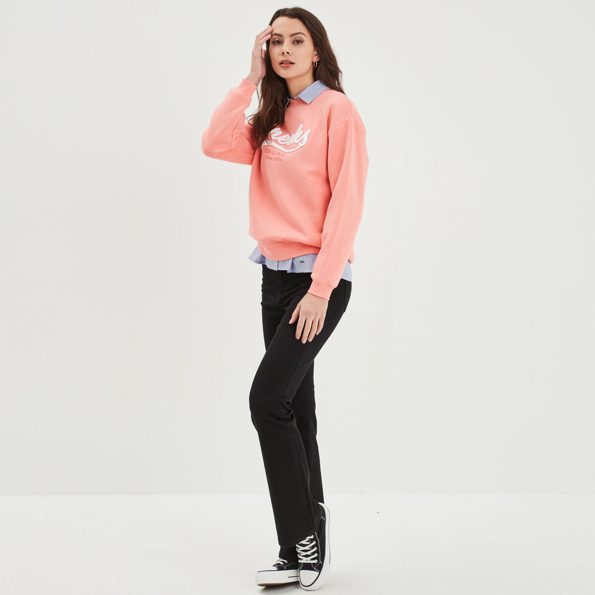 Sweat col rond manches longues Creeks rose saumon femme