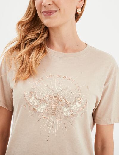 T-shirt droit manches courtes col rond beige femme