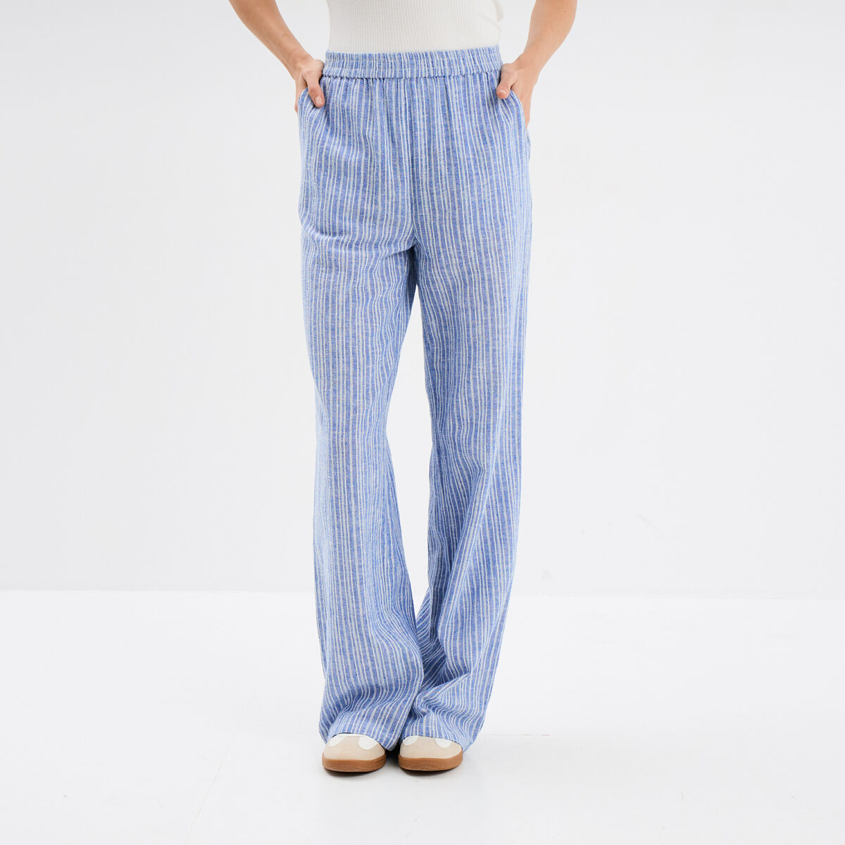 Pantalon large taille élastiquée bleu femme