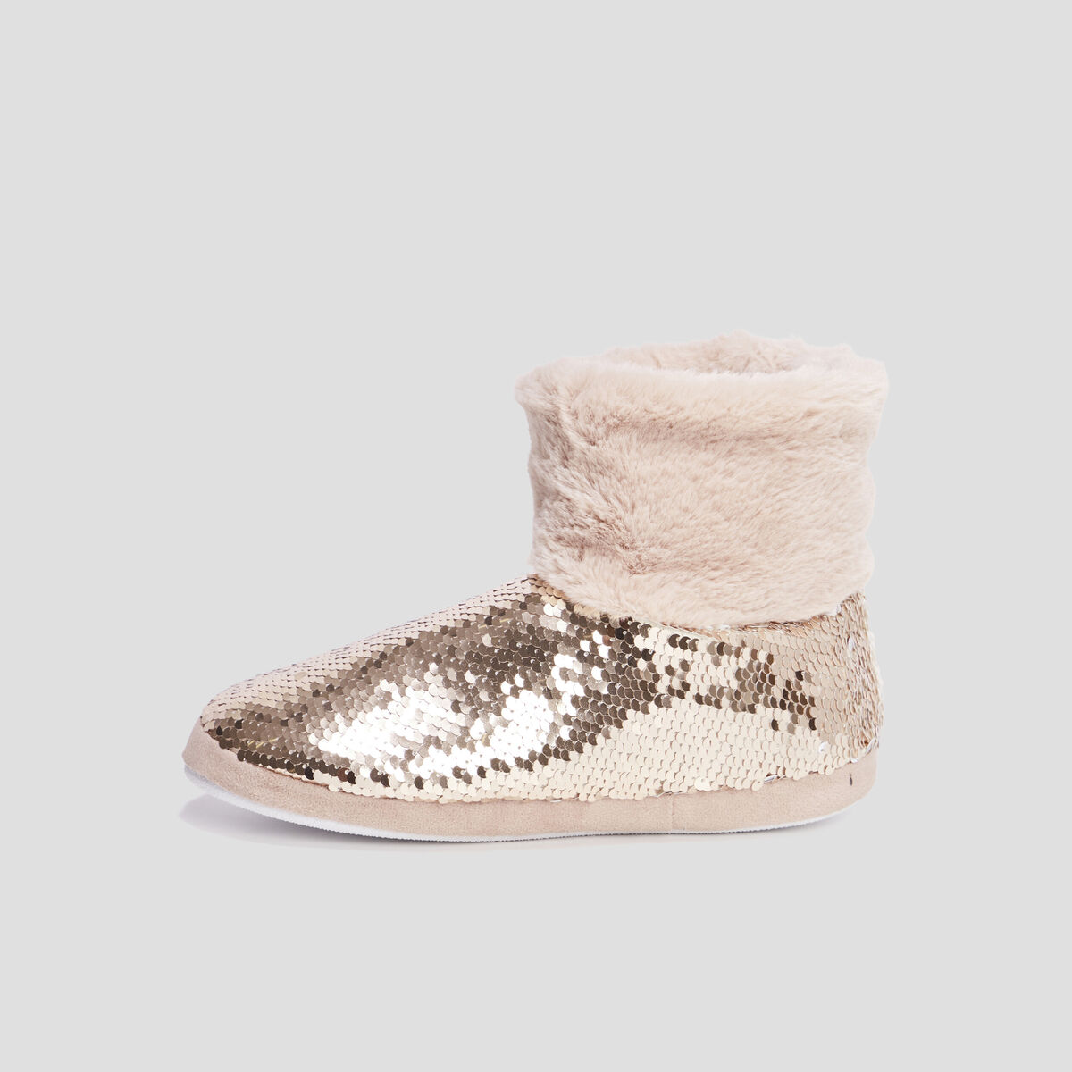 Chaussons bottines sequins et fourrure jaune or femme