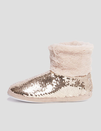 Chaussons bottines sequins et fourrure jaune or femme