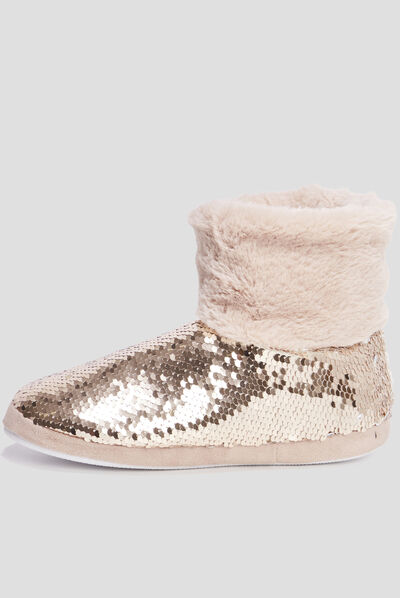 Chaussons bottines sequins et fourrure jaune or femme