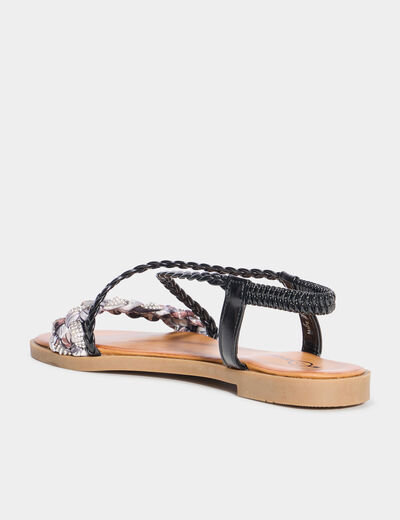Sandales d&eacute;tails foulard tress&eacute;s noir femme