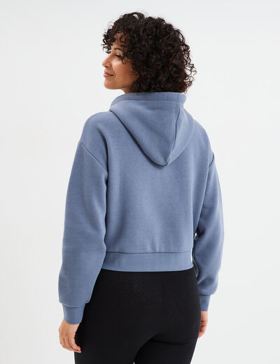 Sweat zippé à capuche court bleu gris femme