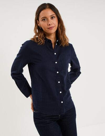 Chemise lin m&eacute;lang&eacute; manches longues bleu fonc&eacute; femme
