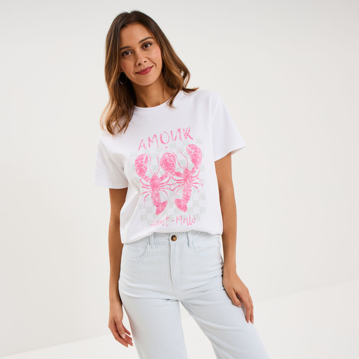 T-shirt col rond manches courtes coton blanc femme