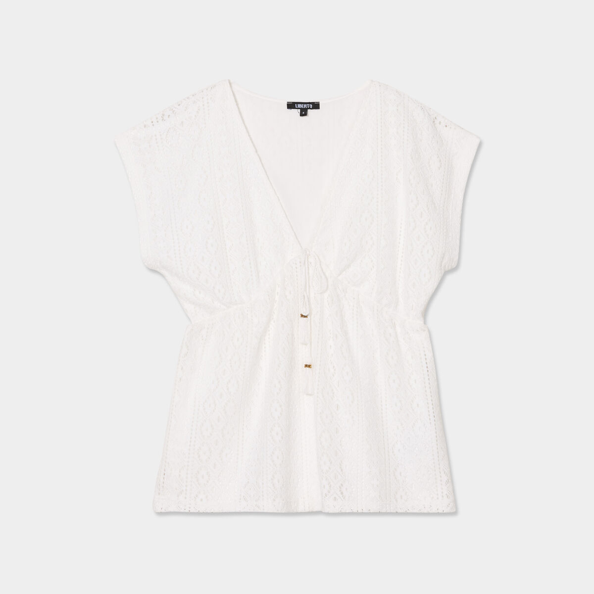 T-shirt dentelle col en V noeud blanc femme