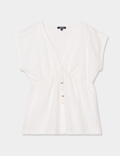T-shirt dentelle col en V noeud blanc femme