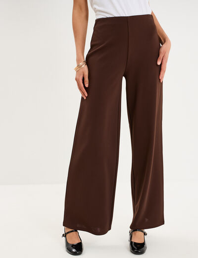 Pantalon large fluide taille haute marron fonc&eacute; femme