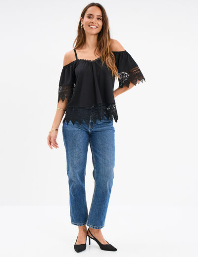 T-shirt col bardot et macramé Mosquitos noir femme