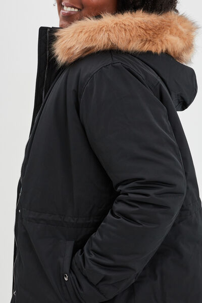 Parka à capuche bordure fourrure noir femme grande taille