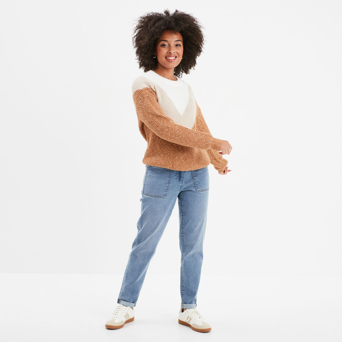 Pull manches longues col rond beige femme