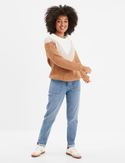 Pull manches longues col rond beige femme