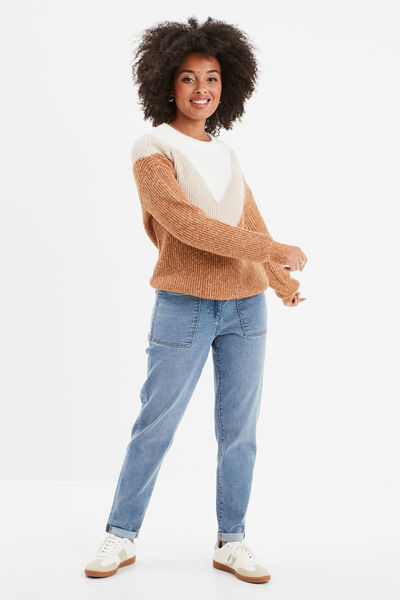 Pull manches longues col rond beige femme