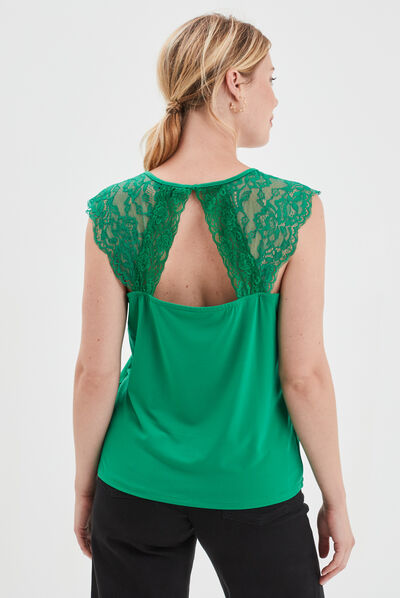 T-shirt col en V dos dentelle vert émeraude femme