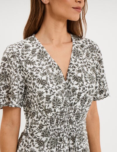 Robe longue empire taille smock&eacute;e ecru femme