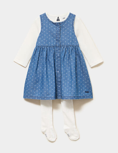 Ensemble 3 pi&egrave;ces robe t-shirt collants denim stone b&eacute;b&eacute; fille