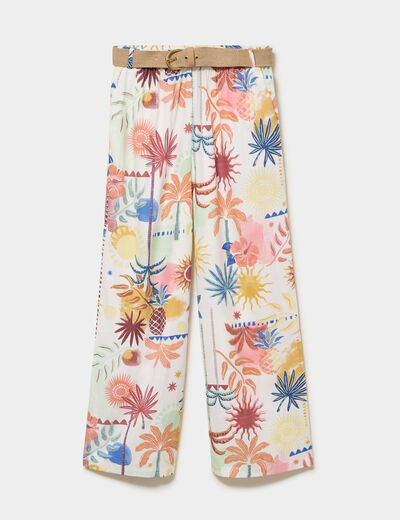 Pantalon large fluide avec ceinture ecru femme