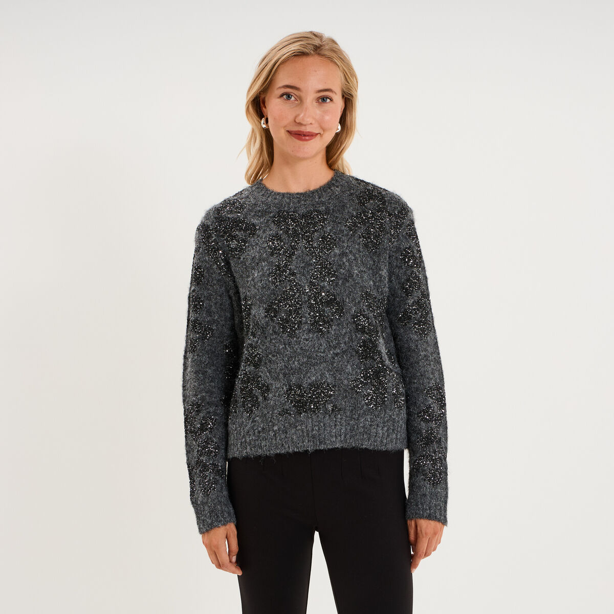 Pull &agrave; sequins et col rond gris fonc&eacute; femme