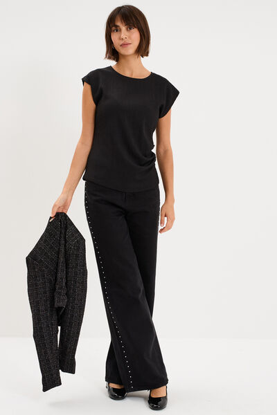 T-shirt fronc&eacute; gaufr&eacute; manches courtes noir femme
