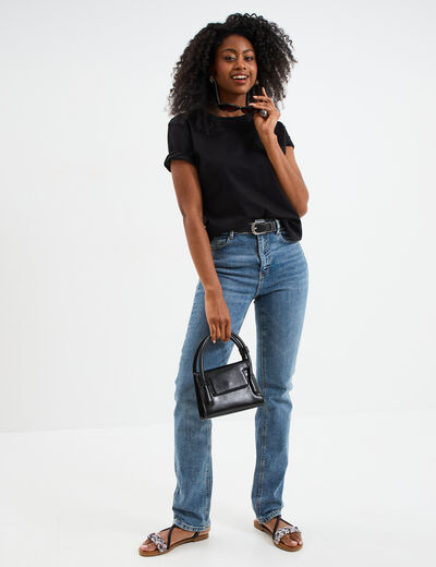 T-shirt col rond manches courtes coton noir femme