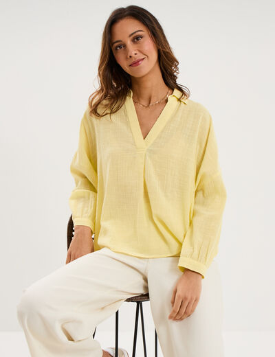 Blouse manches longues ample coton jaune clair femme
