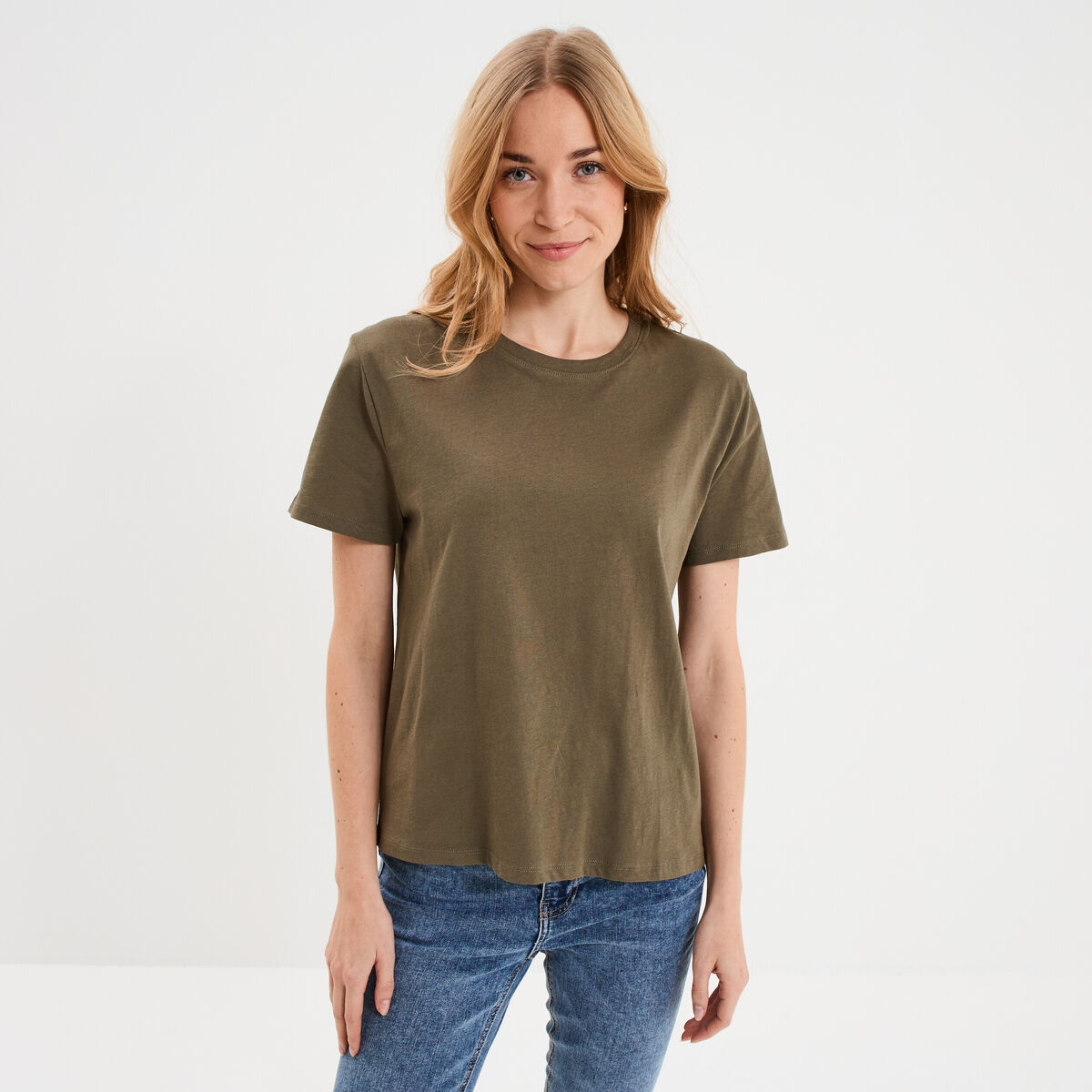 T-shirt col rond manches courtes coton vert kaki femme
