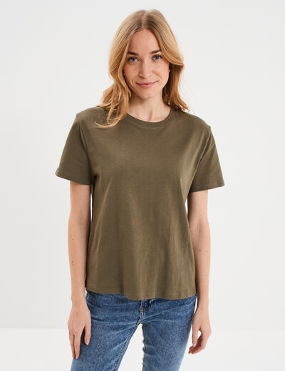 T-shirt col rond manches courtes coton vert kaki femme