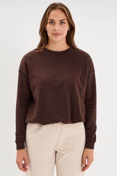 Sweat col rond manches longues marron fonc&eacute; femme