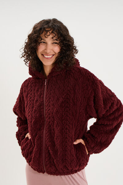 Veste fausse fourrure &agrave; capuche prune femme