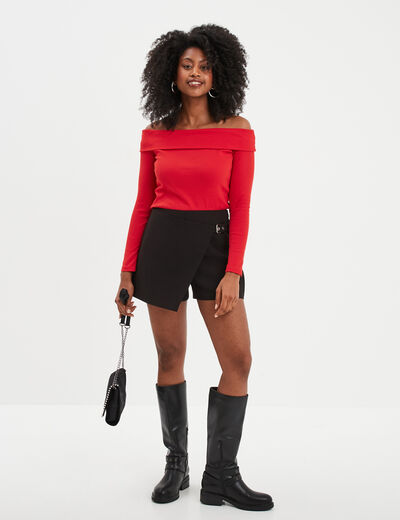 T-shirt col bardot manches longues coton rouge femme
