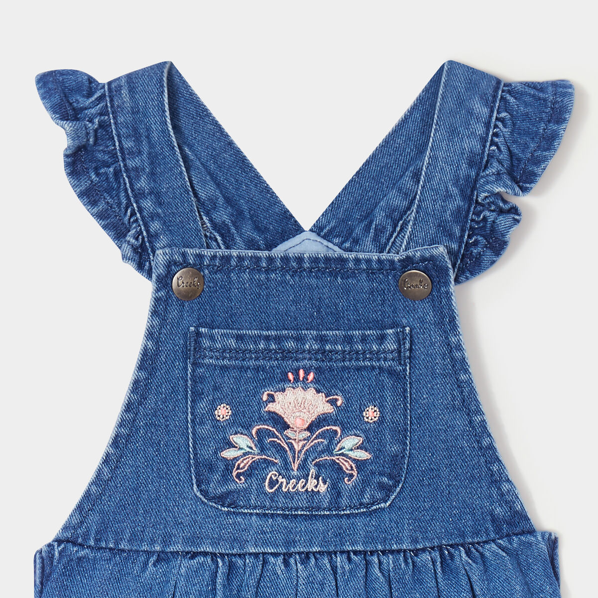 Robe salopette jean à volants en coton denim stone bébé fille