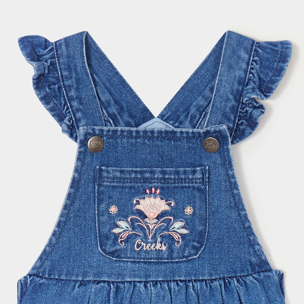 Robe salopette jean à volants en coton denim stone bébé fille