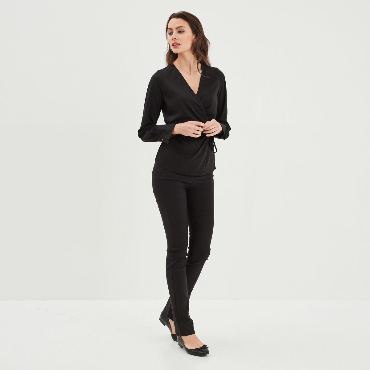 Blouse satin col V cache-coeur Mosquitos noir femme