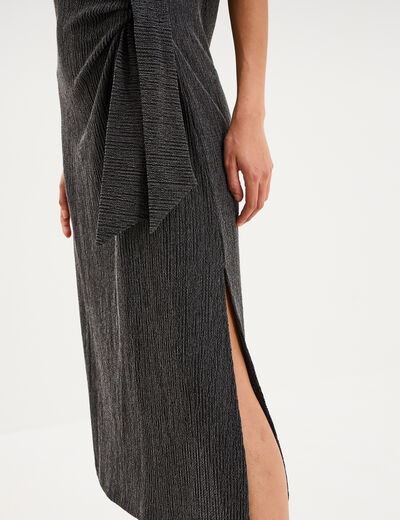 Robe longue gaufr&eacute;e noeud c&ocirc;t&eacute; gris fonc&eacute; femme