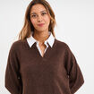 Pull 2-en-1 col chemise manches longues marron fonc&eacute; femme