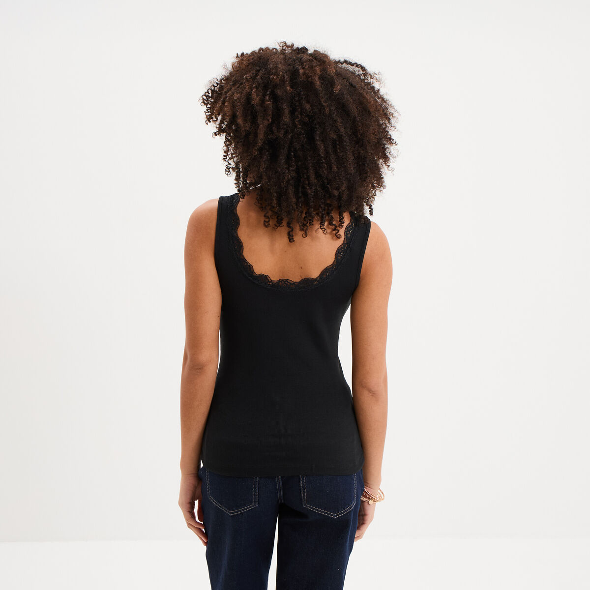 D&eacute;bardeur c&ocirc;tel&eacute; encolure dentelle noir femme
