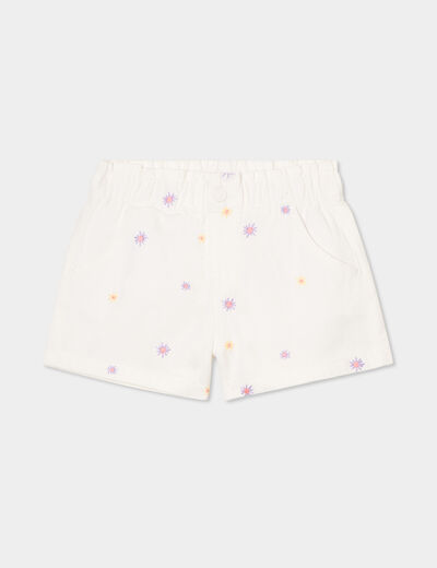 Short brodé taille élastiquée coton ecru fille