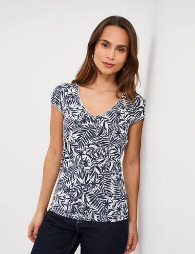 T-shirt col V droit manches courtes ecru femme