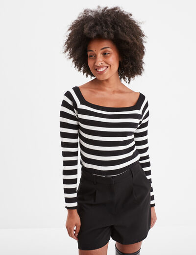 Pull côtelé col carré tricotage en côte noir femme
