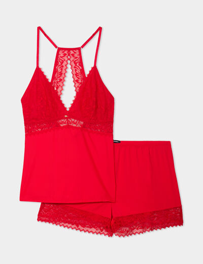 Ensemble pyjama short dentelle 2 pièces rouge femme