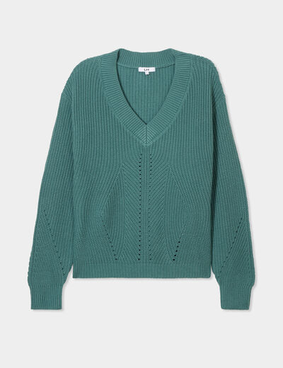 Pull col en V détails ajourés vert foncé femme