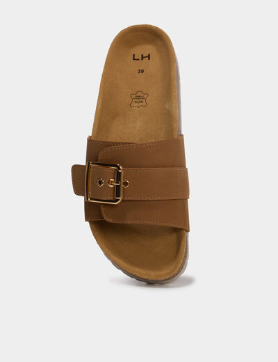 Mules su&eacute;dine avec grosse boucle marron femme