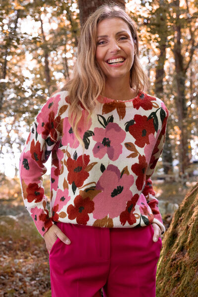 Pull col rond manches longues multicolore femme