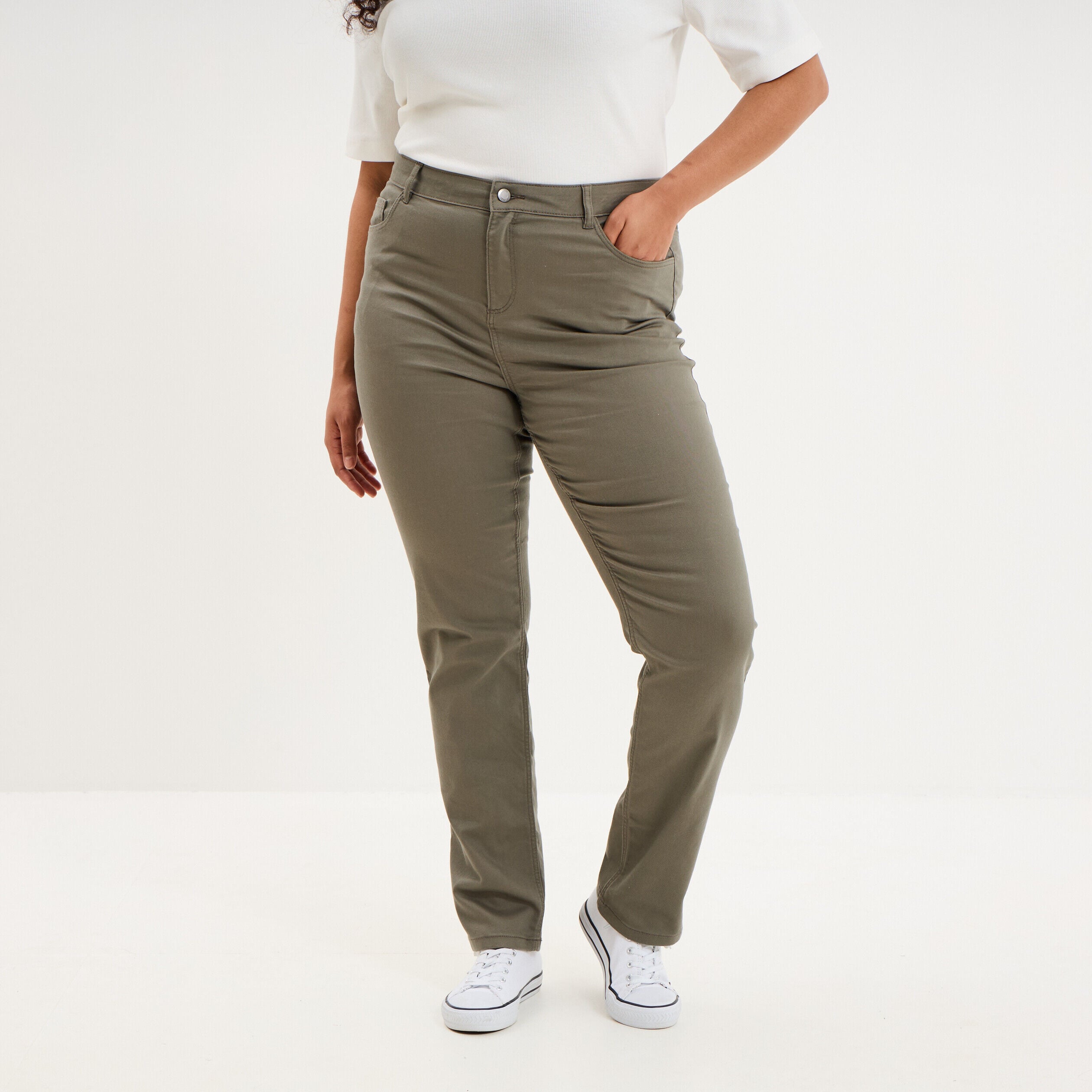 Pantalon droit taille haute extensible vert kaki femme grande taille LH