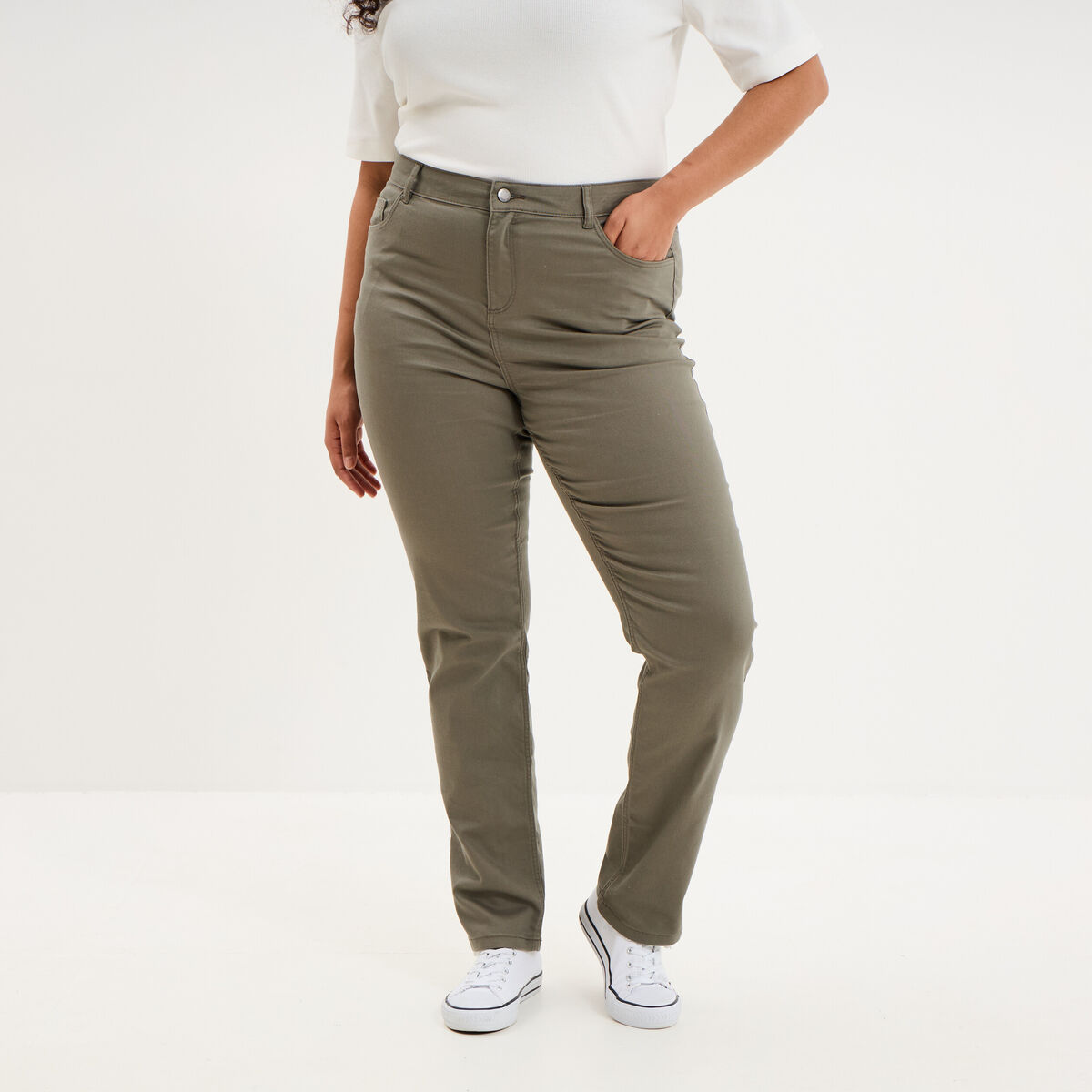 Pantalon droit taille haute extensible vert kaki femme grande taille