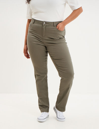 Pantalon droit taille haute extensible vert kaki femme grande taille