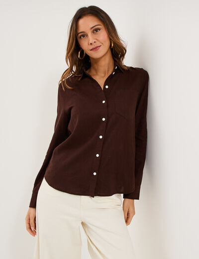 Chemise lin m&eacute;lang&eacute; manches longues marron fonc&eacute; femme